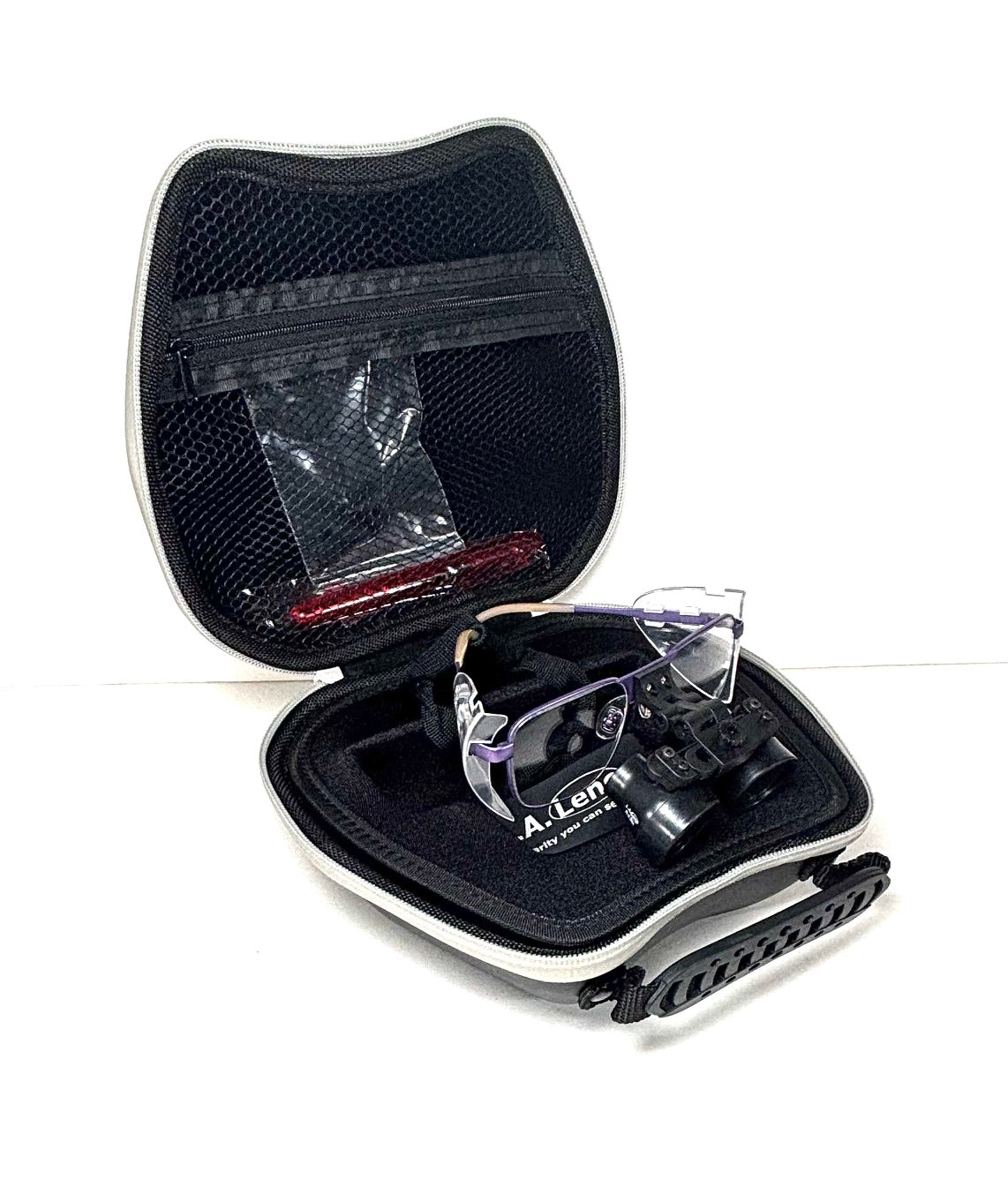 LAST 3 UNITS w/CASE - R 3.3x Expanded Field Flip-Up Loupes on Purple Square Titanium Frame - LA Lens by SheerVision
