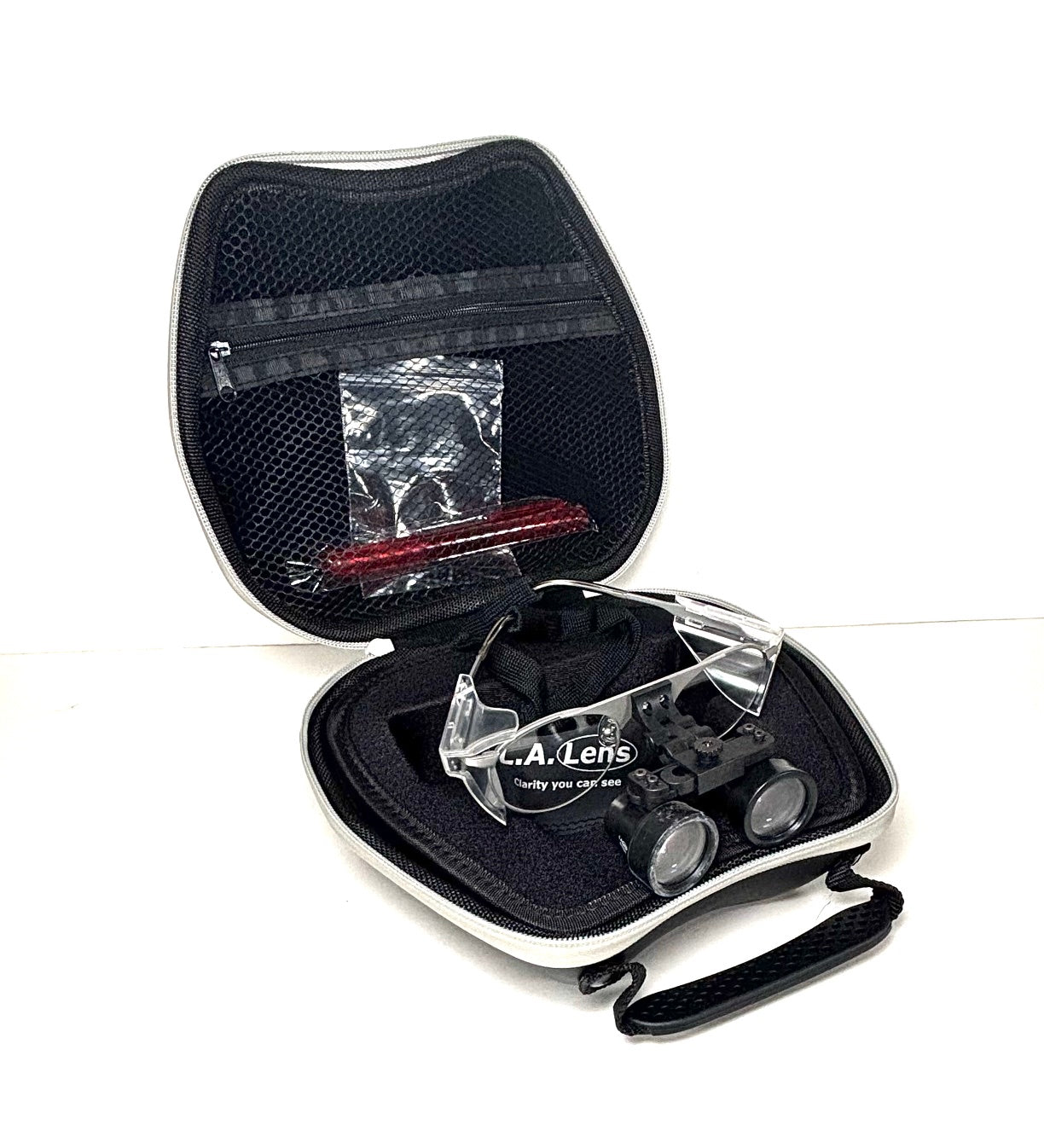LAST 3 UNITS w/CASE - R 3.3x Expanded Field Flip-Up Loupes on Silver Oval Titanium Frame- LA Lens by SheerVision